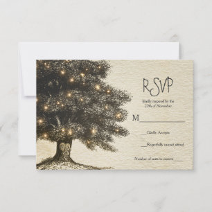 Rustikale Vintage-Hochzeit mit Baum und Lichtern R RSVP Karte