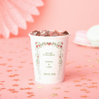 Rustikale Vintage-Hochzeit mit rosafarbenem floral Pappbecher