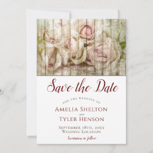 Rustikale Vintage-Holz- und Rosen-Save-the-Date-Ka Einladung