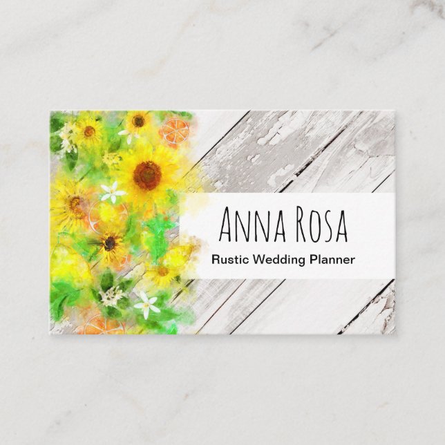 *~* Rustikale Vintage Holzsonnenblumen Orangenblum Visitenkarte (Vorderseite)