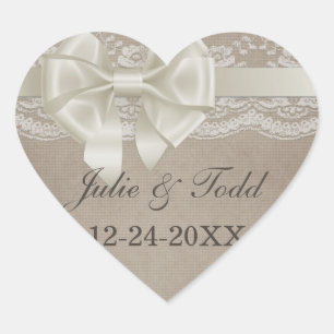 Rustikale Vintage-Jute & Spitze Hochzeit - Termin Herz-Aufkleber