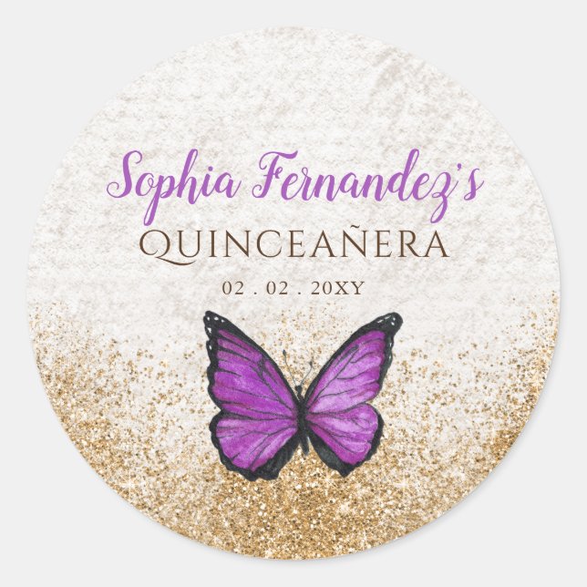Rustikale Vintage Lila Goldschmetterling Runder Aufkleber (Vorderseite)