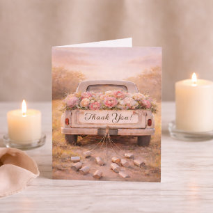 Rustikale Vintage-LKW-Blumenhochzeitsfoto in Rosa Dankeskarte