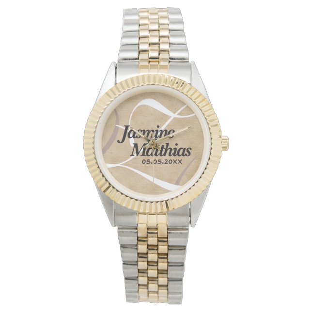 Rustikale, Vintage Mongram Burlap Wedding Armbanduhr (Vorderseite)