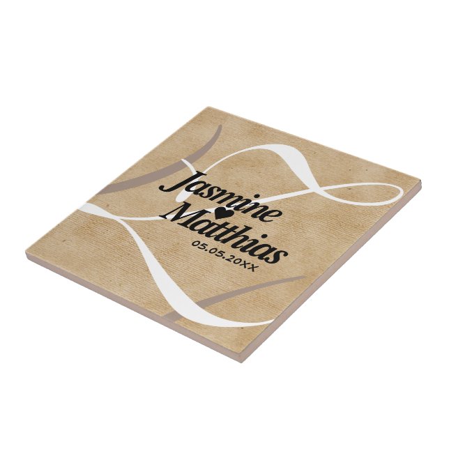 Rustikale, Vintage Mongram Burlap Wedding Fliese (Seite)