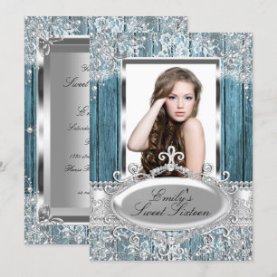 Rustikale Vintage-Perlen-Lace- und Holz-Foto-Sweet Einladung