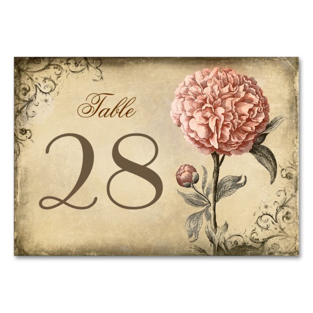 Rustikale Vintage Pink Peony Wedding Tischnummer (Vorderseite)