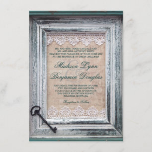 Rustikale Vintage-Rahmen-Spitze-Schlüssel-Aqua-Hoc Einladung