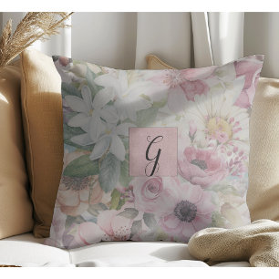 Rustikale Vintage-Rosa-Blumenmuster-Monogramm Kissen