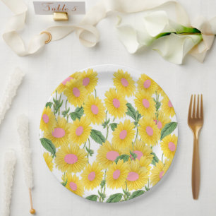 Rustikale Vintage-Rosa-Sonnenblumen Modern Weiß Pappteller