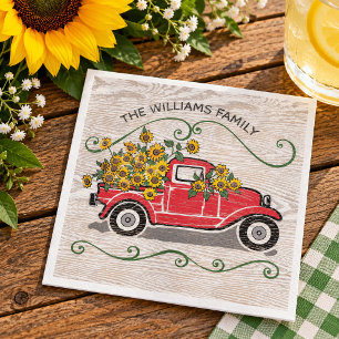 Rustikale Vintage-Rotlastwagen-Sonnenblumen-Famili Serviette