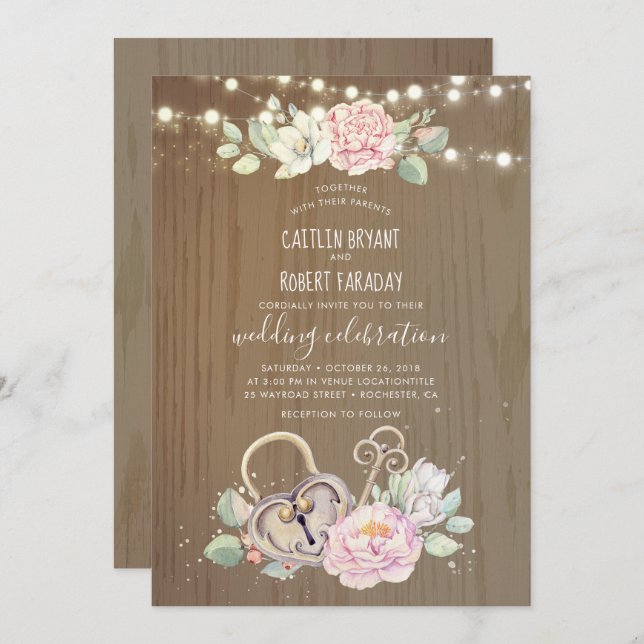 Rustikale Vintage Schlüssel- und Schleusenhochzeit Einladung (Vorne/Hinten)