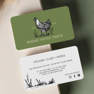Rustikale Vintage Sketch Farm Hen Olive Green Visitenkarte