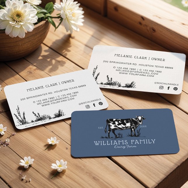 Rustikale Vintage Sketch Farm Milchkühe Dusty Blue Visitenkarte (Rustic Vintage Sketch Farm Dairy Cow Dusty Blue Business Card)