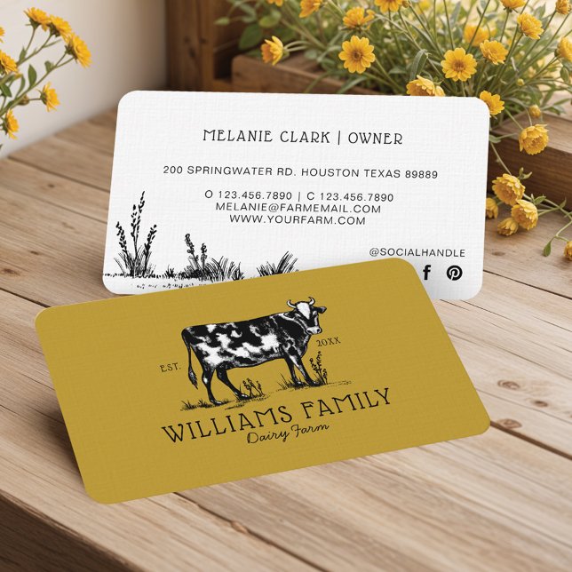 Rustikale Vintage Sketch Farm Milchkühe goldgelb Visitenkarte (Rustic Vintage Sketch Farm Dairy Cow Golden Yellow Business Card)