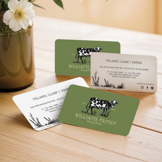 Rustikale Vintage Sketch Farm Milchkühe Olivenöl G Visitenkarte (Rustic Vintage Sketch Farm Dairy Cow Olive Green Business Card)