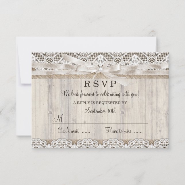 Rustikale Vintage Spitzen- und Holzhochzeit RSVP (Vorderseite)