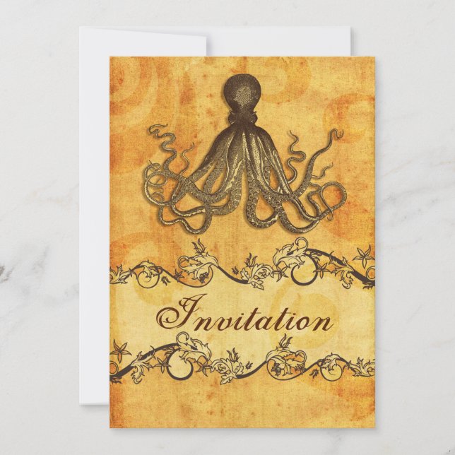 rustikale, Vintage Strandhochzeit mit Oktopus Einladung (Vorderseite)