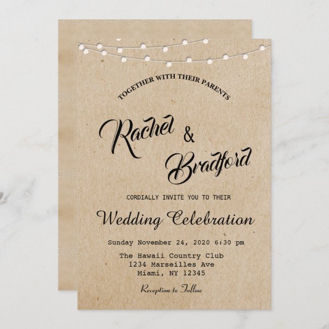 Rustikale Vintage String Lights Hochzeit Einladung (Vorne/Hinten)