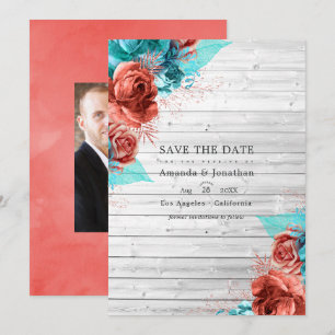 Rustikale Vintage-Türkis- und Korallen-Blumenhochz Save The Date
