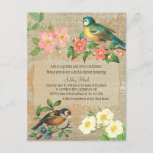 Rustikale Vintage-Vögel und Blumen-Brautparty Einladung