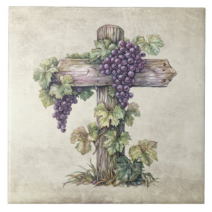 Rustikale Vintage-Wasserfarbe Trauben Holzkreuz Fliese
