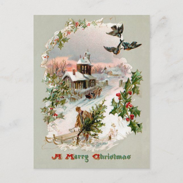 Rustikale Vintage Winterlandschaft mit Holly Postkarte (Vorderseite)
