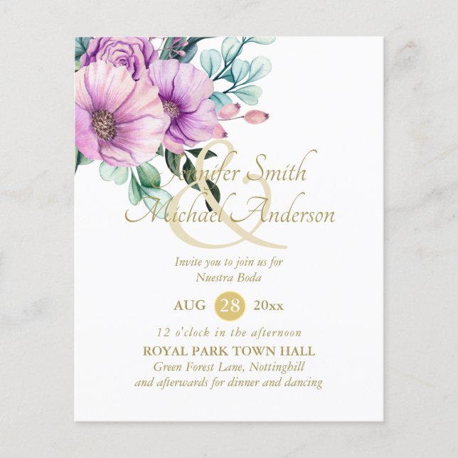 Rustikale violette Blumen Nuestra Boda Einladung (Vorderseite)