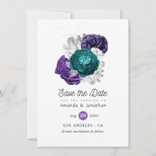 Rustikale Violette und Türkisfarbene Hochzeitsblum Save The Date