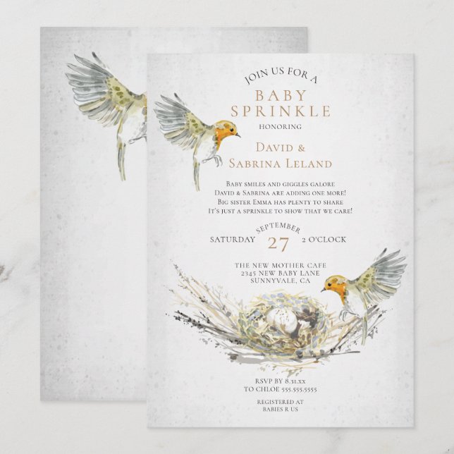Rustikale Vögel und Nest Watercolor Baby Sprinkle Einladung (Vorne/Hinten)