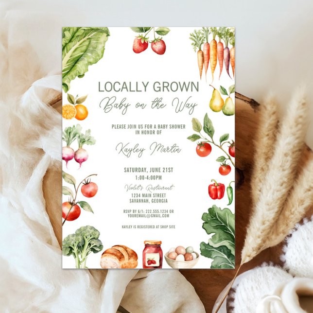 Rustikale, vor Ort gezüchtete Bauernmarkt-Babydusc Einladung (Locally Grown Farmers market baby shower invite with rustic fruits, veggies, and sweet garden charm)