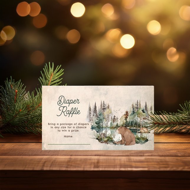 Rustikale Waldbärendusche Windelwanne Begleitkarte (Rustic Woodland Bear and Forest Animals Baby Shower "Diaper Raffle" Insert -- "Oh Boy" Collection)