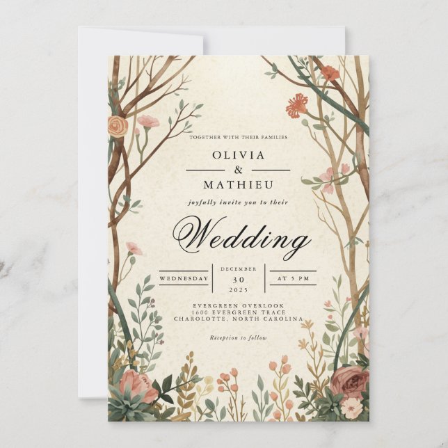 Rustikale Waldblütenhochzeit Einladung (Vorderseite)