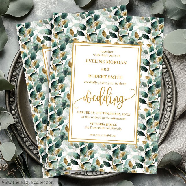 Rustikale Wälder Grüne goldene Hochzeit lädt ein Einladung (Rustic Forest Green Gold Greenery Wedding Invitation)