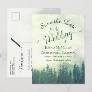 Rustikale Waldgrüne Kiefern Hochzeit Save the Date Ankündigungspostkarte