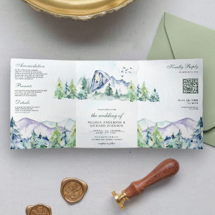Rustikale Waldhochzeit mit Kiefern und QR-Code Dreifach Gefaltete Einladung