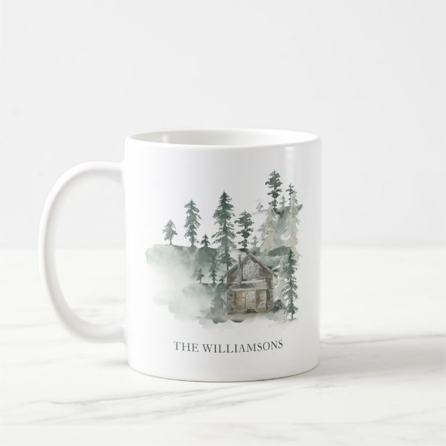 Rustikale Waldhütte in Grün personalisiertes Weihn Kaffeetasse (Links)