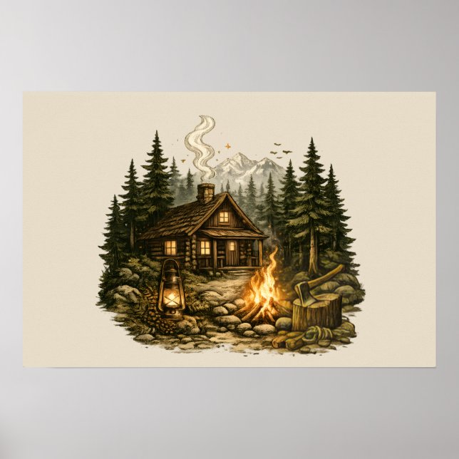 Rustikale Waldhütte Lagerfeuer Poster (Vorne)