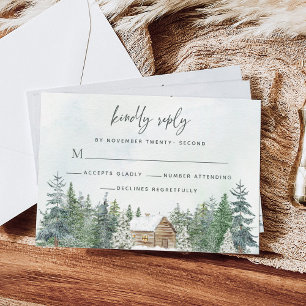 Rustikale Waldhütte Pinienbäume Winterhochzeit RSVP Karte
