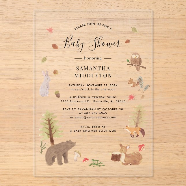 Rustikale Waldtiere fallen Babydusche Acryleinladungen (Vorderseite)