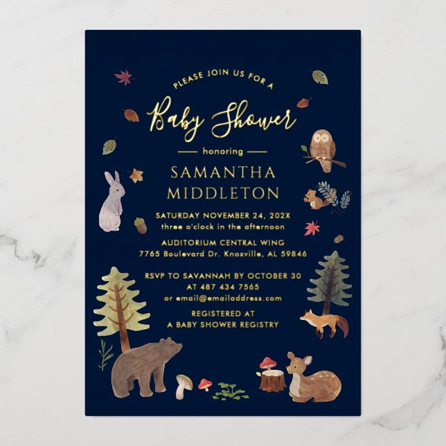 Rustikale Waldtiere fallen Babydusche Gold Folieneinladung (Vorderseite)