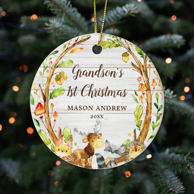 Rustikale Waldtiere Grandsons erste Weihnachtsfeie Keramik Ornament (Von Creator hochgeladen)