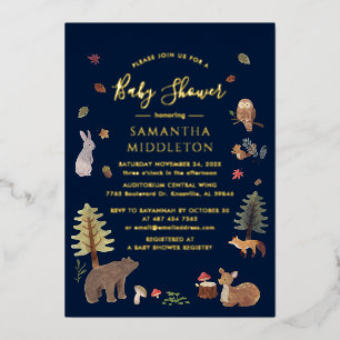 Rustikale Waldtiere Herbst-Baby-Party Gold Folieneinladung
