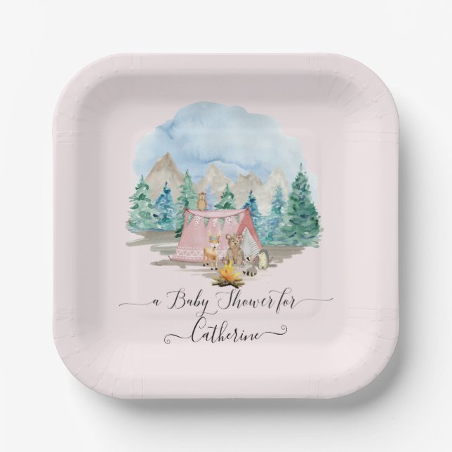 Rustikale Waldtiere Hirschbärenblütendusche Pappteller (Vorderseite)