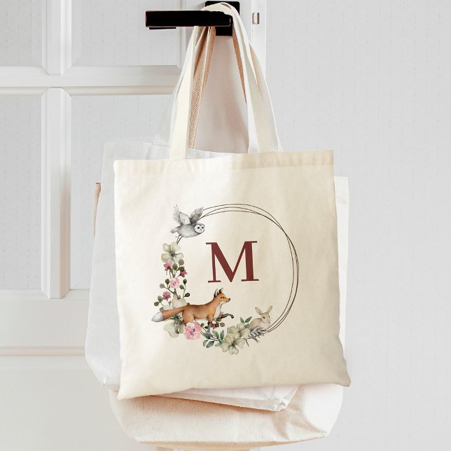 Rustikale Waldtiere Monogramm der Blumenbräuner Tragetasche (Rustic Forest Animals Floral Bridesmaid Monogram Tote Bag)