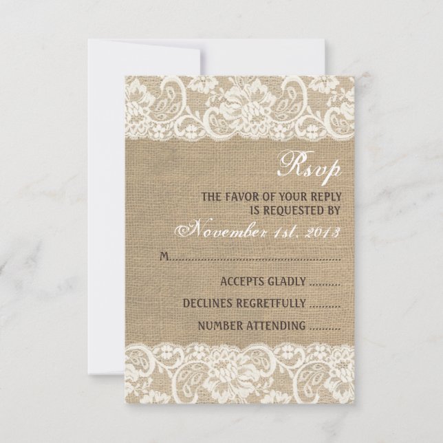 Rustikale WARM Burlap Wedding RSVP Card (Vorderseite)