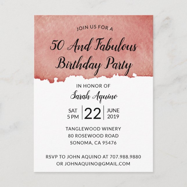 Rustikale Wasserfarbe 50 & Fabulous Geburtstag Einladungspostkarte (Vorderseite)