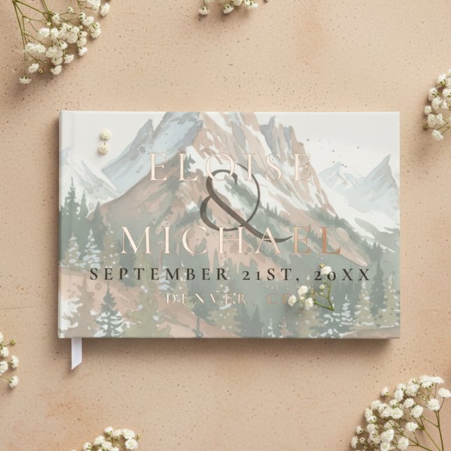 Rustikale Wasserfarbe Berg Kupferbraune Hochzeit Gästebuch (Rustic Watercolor Mountain Copper Brown Wedding Foil Guest Book)