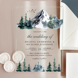Rustikale Wasserfarbe Bergwald Winterhochzeit Acryleinladungen