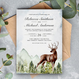 Rustikale Wasserfarbe Bergwaldhirsch Hochzeit Einladung